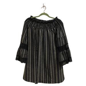 Kiwi & Punch Black Striped Bell Sleeve Tunic Blouse Sz M NWT